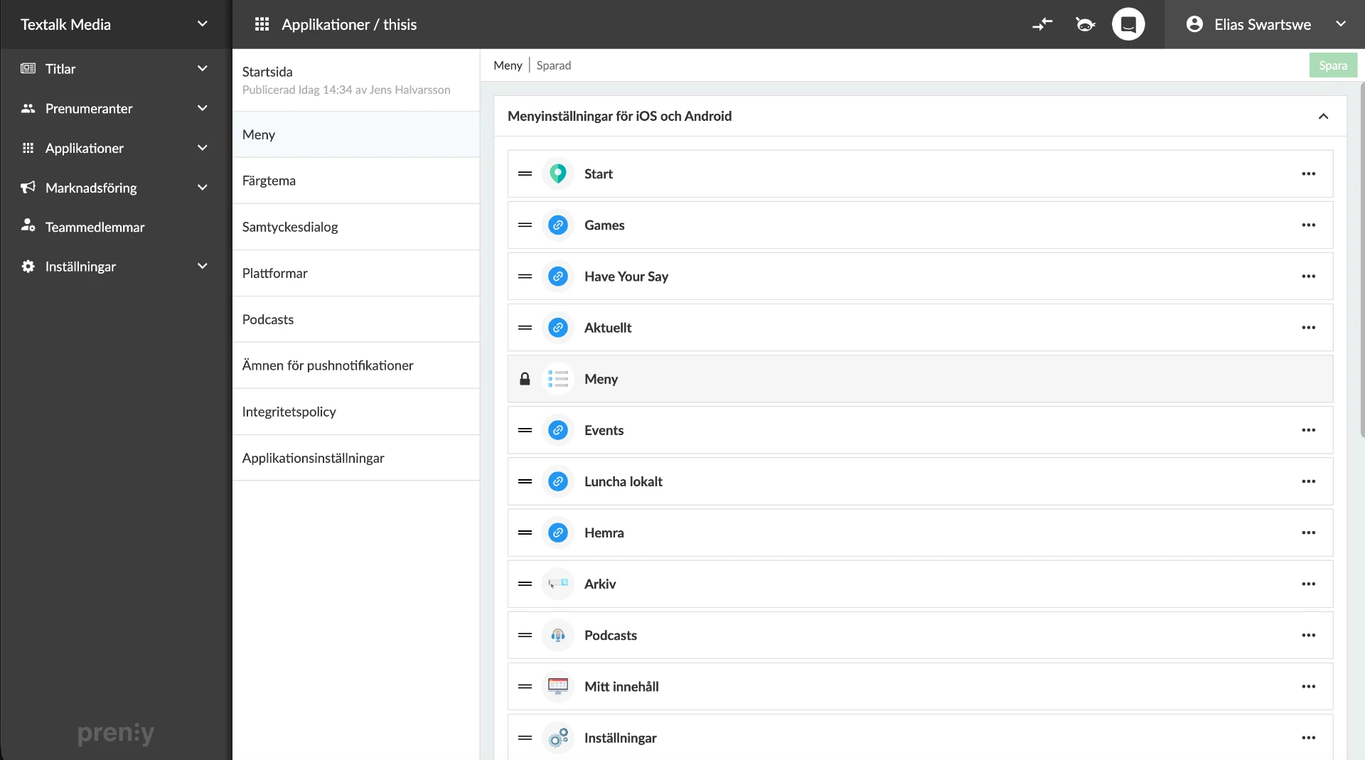 Prenly Workspace menu showing widget list